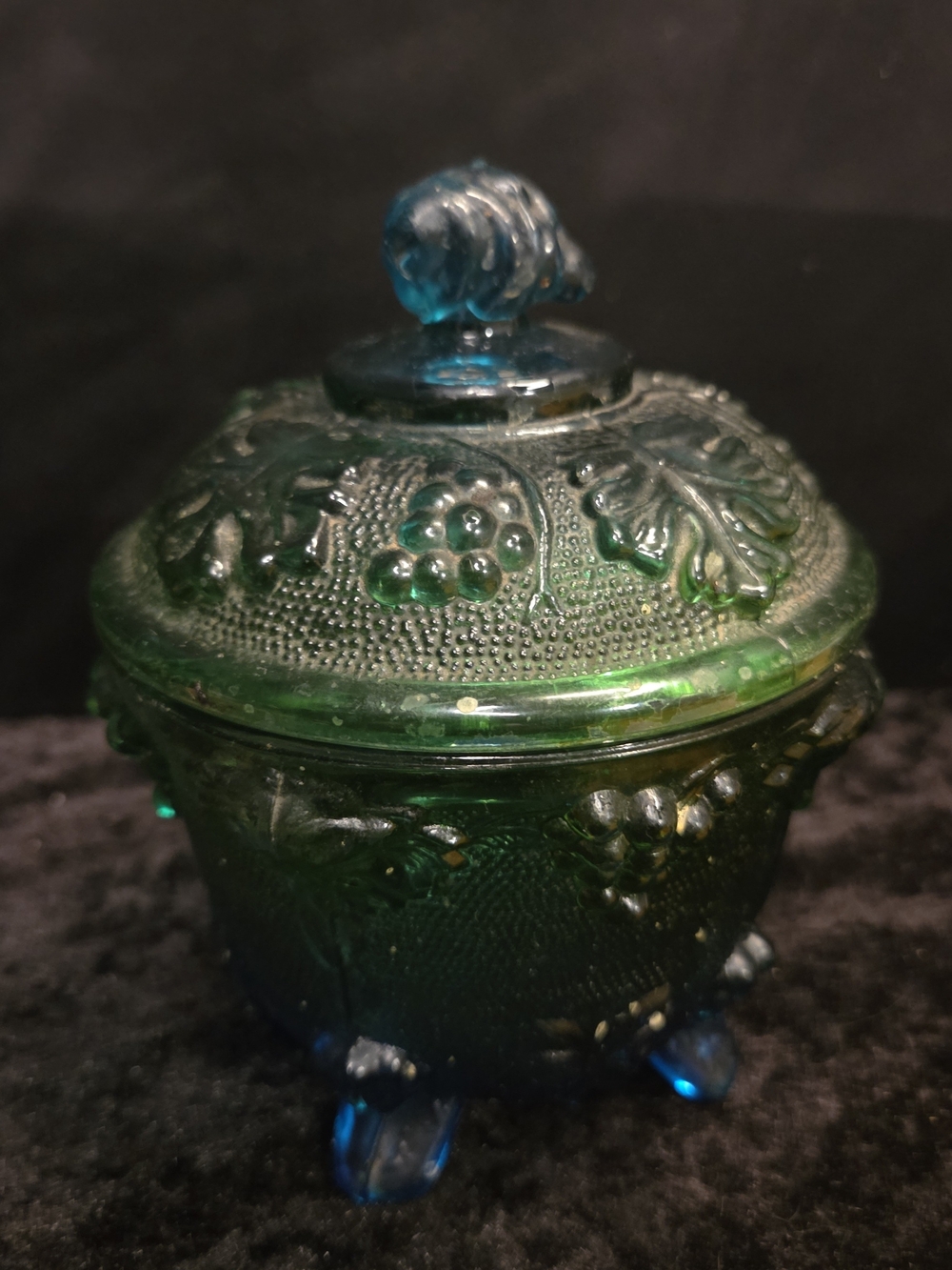 Vintage Jeanette Blue Green Flash Painted Footed Trinket Candy Dish with Lid